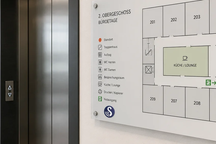 Büroetage mit Aufzug und einem Übersichtsplan, an dem ein SenseTap-Tag angebracht ist