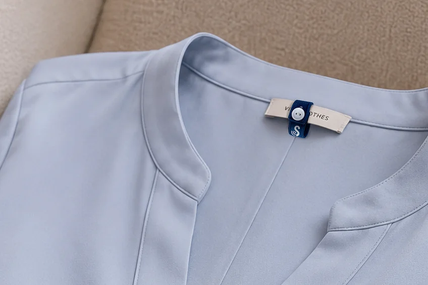 Hellblaue Bluse mit einem SenseTap-Tag am Kleidungsetikett