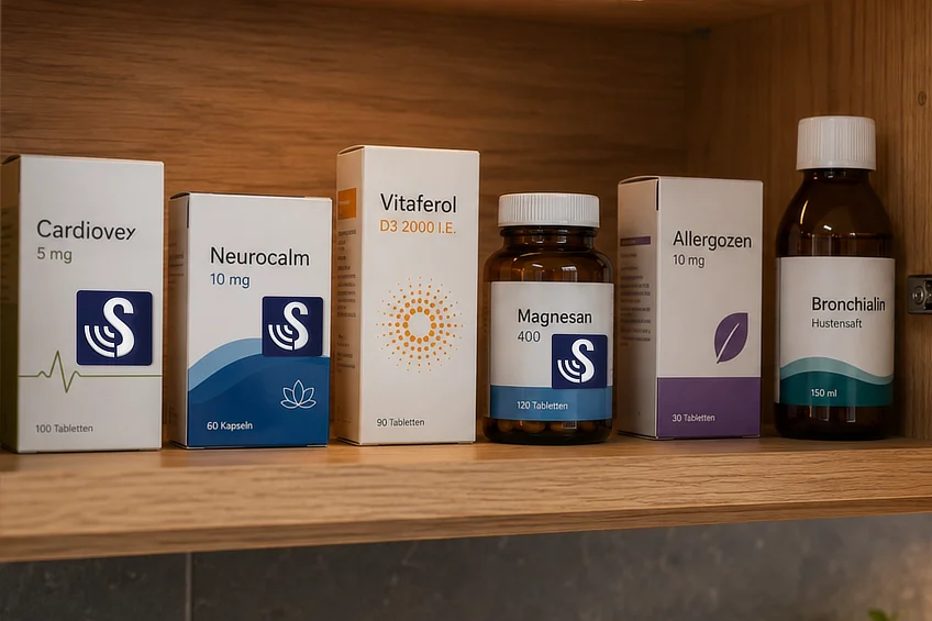 Medikamentenpackungen und eine Medikamentenflasche mit angebrachten SenseTap-Tags in einem Schrank